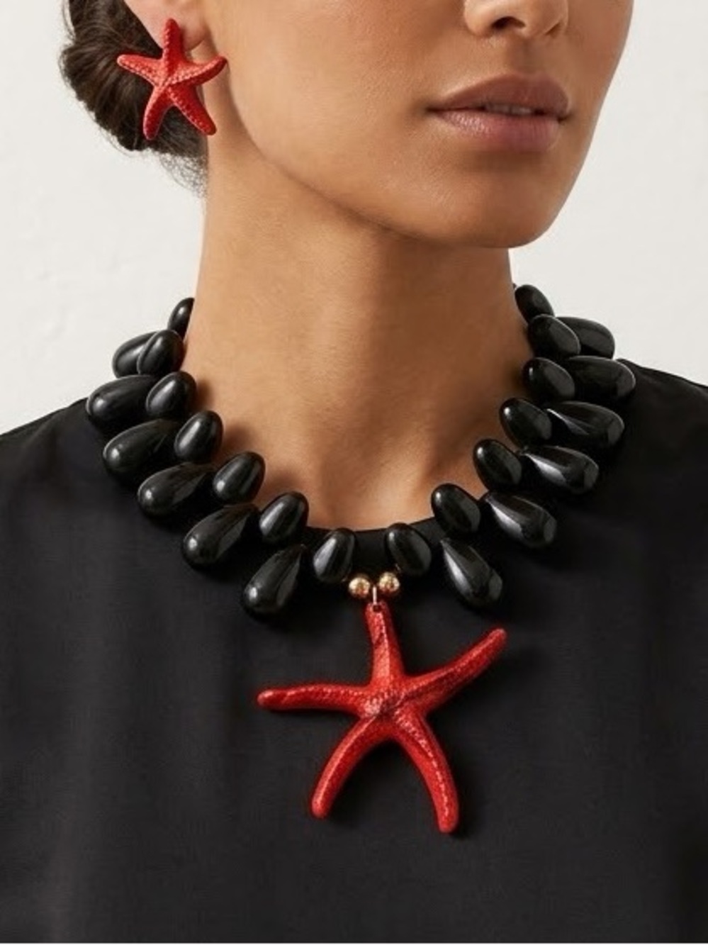 Statement Black Bead Necklace with Red Starfish Pendant